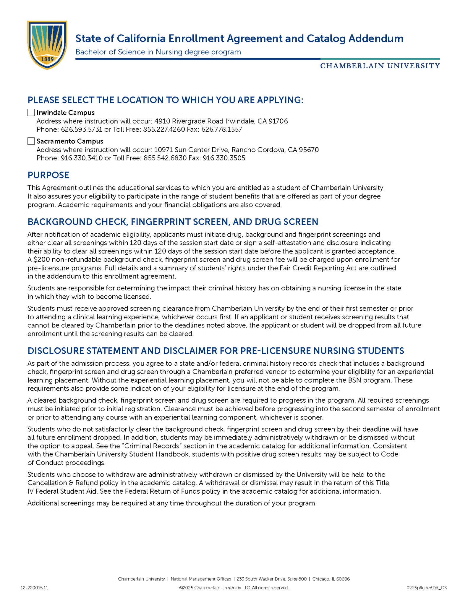 Picture of California Enrollment Agreement and Catalog Addendum - Bachelor of Science in Nursing Degree Program